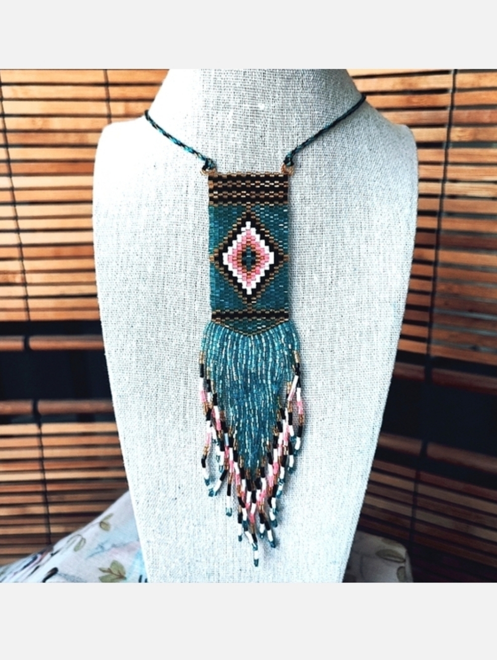 Light Blue Pink Black White Seed Bead Vintage Corded Slide  Necklace Loom Work